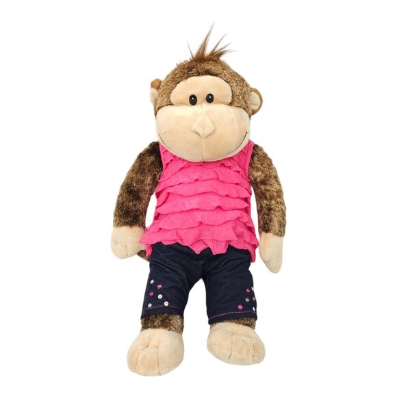 Build A Bear Smiley Monkey Stuffed Animal Plush Toy Pink Top Denim Sequin Jeans - Picture 1 of 13